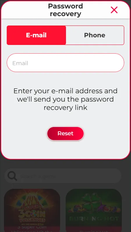 Password reset screen with email and phone options